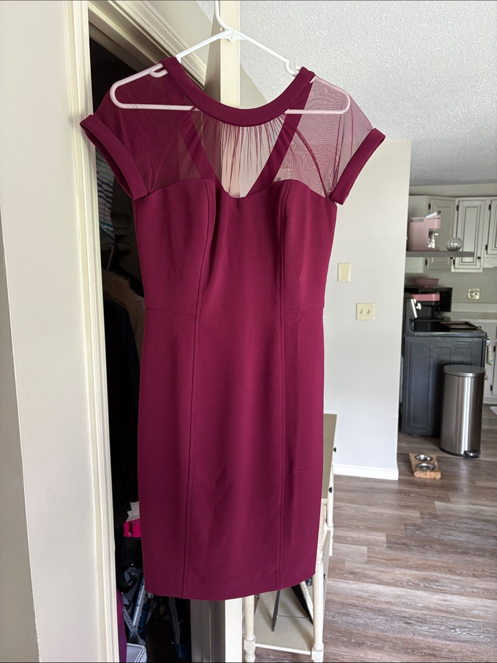 Maggy London Deep Berry Sheath Dress with Mesh Yoke
